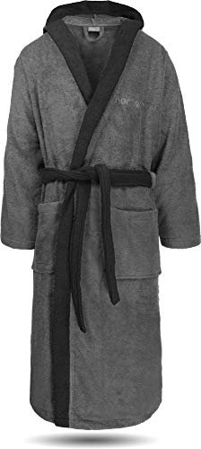 normani 100% Baumwoll Bademantel Saunamantel zweifarbig und einfarbig mit und ohne Kapuze für Damen und Herren (Gr. XS - 4XL) Farbe Grau/Schwarz Größe XXXL
