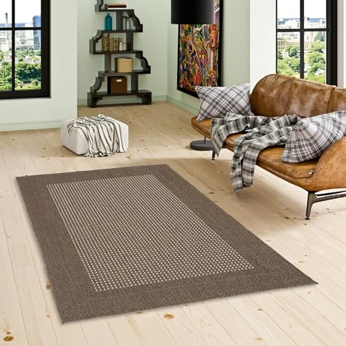 In & Outdoor Teppich Panama - Flachgewebe, Sisaloptik, Wetterfest & Pflegeleicht, für Terrasse, Balkon, Wohnzimmer - Braun mit Bordüre