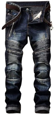 AITITIA Men's Biker Zipper Deco Washed Straight Fit Jeans (32, 001 Dark Blue)