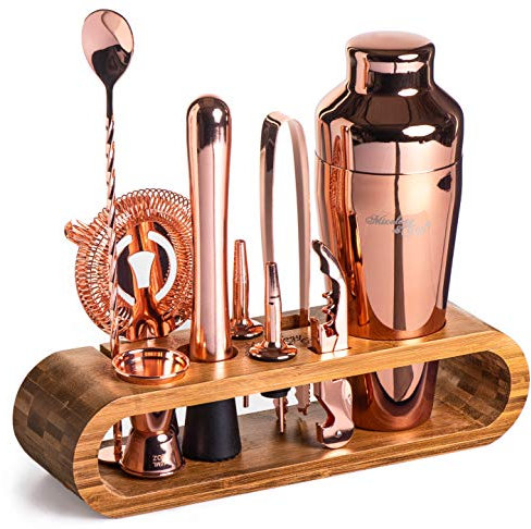 Mixology Cocktail Shaker Set - 10-Piece Cocktail Making Set - Home Bartender Kit in Bamboo Stand with Spoon, Boston Shaker, Other Tools for Drink Mixing, Martini, Mocktail - Gift Set (Copper)