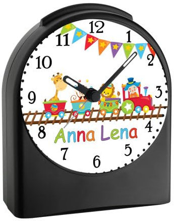 CreaDesign, WU-50-1088, Zug, analog Kinderwecker schwarz, Funkwecker ohne Ticken, mit Licht, personalisiert mit Namen, 9,6 x 5,5 x 11,9 cm, 104 g