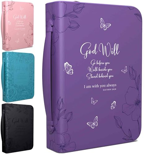 DEHITE Bible Cover Case for Women – Leather Bible Carrying Bag Large Medium Size – | Fits Book 7 x 10.1 x 1.9 IN | Pen Slots | Zippered Pocket | Premium Faux Leather | – Purple Bible Accessories Gifts