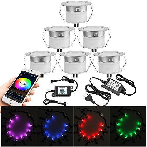 GEYUEYA Home Lot de 6 Spots LED Encastrable Extérieur RGB, Bluetooth Ø45mm Mini Spot Led Spot Encastrable Sol RGB Dimmable, Etanche IP67 DC12V Spot Piscine Spot Escalier pour Terrasse Bois