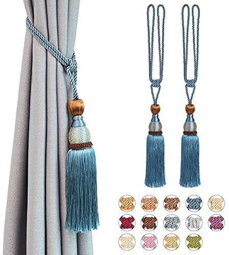 Pretty Jolly 2 Stück Netz-Ball-Quasten-Vorhang-Raffhalter, europäischer Vintage-Stil, handgefertigt, geflochtenes Seil, dekorative Raffhalter für Zuhause und Büro, Fenstervorhänge (Blaugrün)