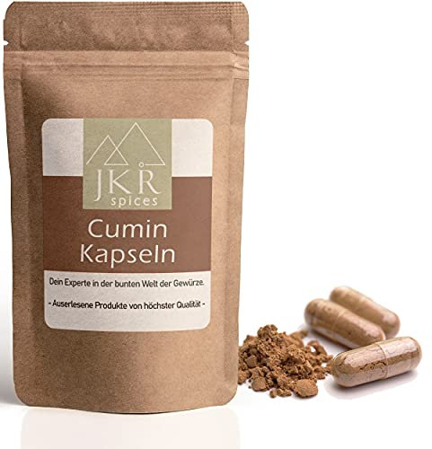JKR Spices 210 Stk. Cumin Kapseln - vegane Kapseln gefüllt mit 450mg Kreuzkümmel - hochdosiert - Cuminpulver gemahlen - pflanzliche Kapsel - 100% natürlich und ohne Zusätze