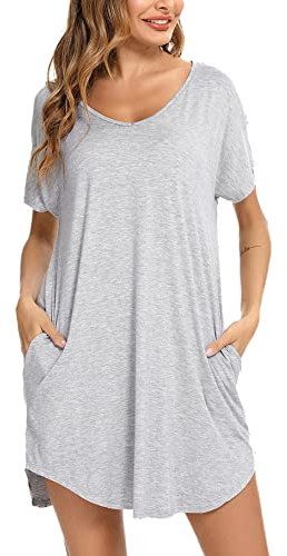Aseniza Chemise de Nuit Femme Chemises de Nuit Coton Robe de Nuit Grande Taille à Manches Courtes Vêtements de Nuit avec Poches Robe Tee Shirt De Nuit Ample Confortable Maison Beach Gris1 XL