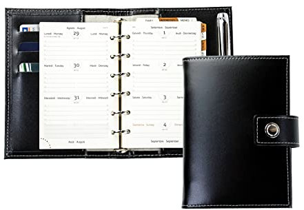 DELMON VARONE - Mini Pocket A6 Kalender 2025 Cambridge Top Grain Leder schwarz - Terminkalender Ringbuch & A-Z Telefonregister - Organizer Terminplaner mit Wochenansicht (1 Woche auf 2 Seiten)
