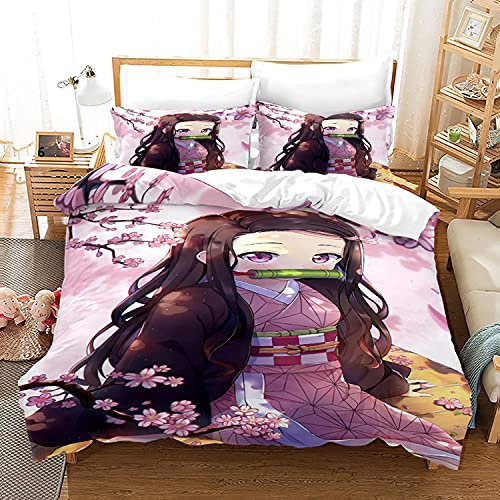 PTNQAZ New Anime Demon Slayer Bettbezug-Set Nezuko Kamado Bettwäsche-Set für Mädchen, Geschenk, Kinderbettwäsche (Doppelbett, 1)