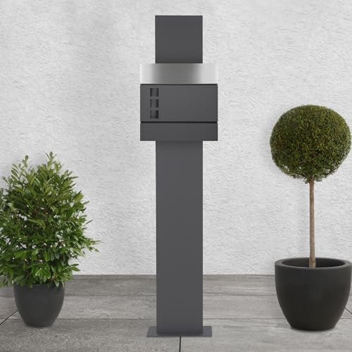 ECD Germany Standbriefkasten mit Zeitungsfach, Briefkasten Standfuß Freistehend, Briefkastenständer Anthrazit 170 cm, Postkasten Anthrazit/Silber 37x36,5 cm, Edelstahl Pulverbeschichtet/Matt gebürstet
