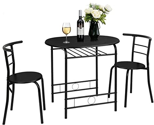 VINGLI 3 Piece Dining Set,Small Kitchen Table Set for 2,Breakfast Table Set,Kitchen Wooden Table and 2 Chairs for Small Space/Dining Room/Apartment,Metal Frame,Wine Rack,Black