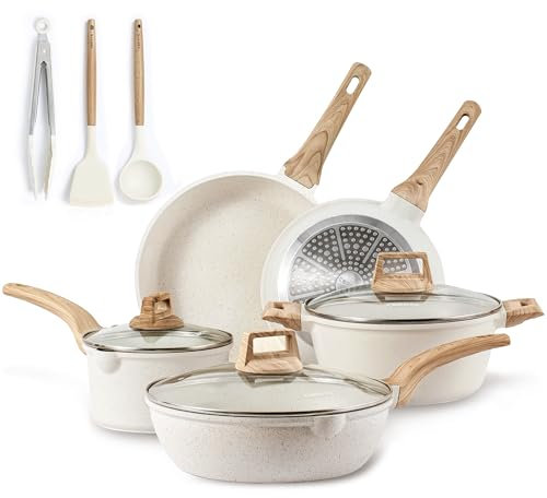 CAROTE Juego de ollas y sartenes antiadherentes, juegos de utensilios de cocina de inducción de granito blanco, 8 piezas esenciales de cocina antiadherentes con sartenes y cacerolas (PFOS, sin PFOA)