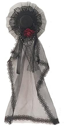 Damen Steampunk Lolita Mini Top Hut mit Schleier Spitze Braut Rose Blume Stirnband für Mädchen (Schwarz-Rot)