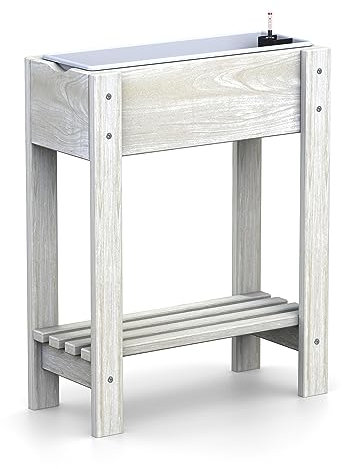 Plastard Hochbeet Kiefernholz mit Ablage Weiß inklusive - 1 x 60 cm Einsätze - Wasserstandsanzeiger - Balkon und Garten - Anzuchtbeet - Kräuterbeet