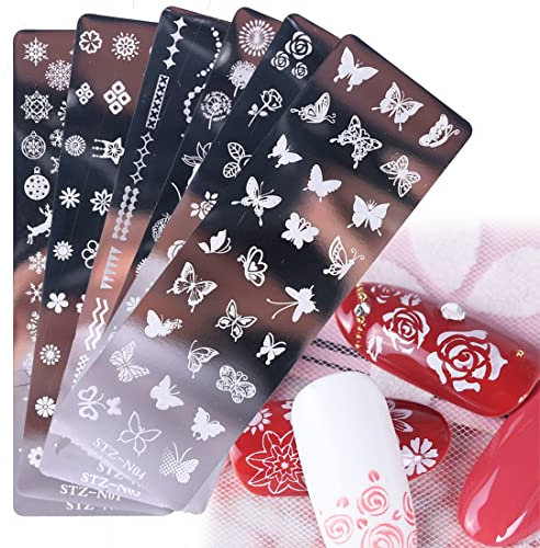 LEEQ Manicure Template - 6 Pcs Nail Art Stamper, Nail Art Tools, Durable Nail Stencils for Nail DIY Decoration, European Retro Pattern: Dream Catcher, Leaf, Jewelry, Cat, Eastar Egg