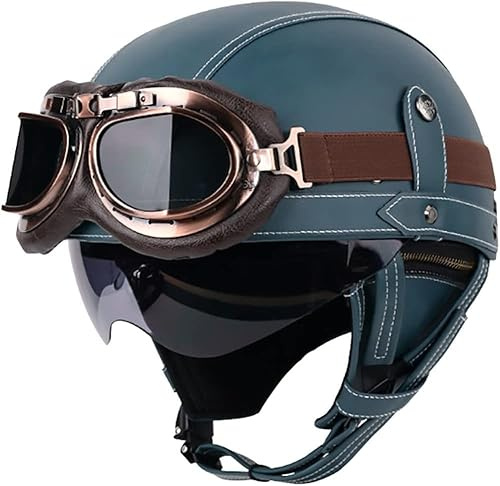 VVPEC Retro Oldtimer Halbschale Jet-Helm Motorrad-Helm Brain-Cap mit Brille,DOT/ECE-Zulassung Roller-Helm Scooter-Helm Retro Motorrad Half Helm Herren Damen (Color : 2, Size : M(57~58cm))