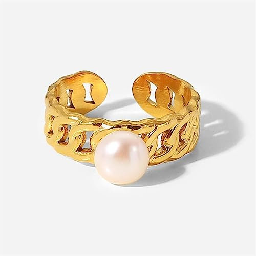 OdDdot Edelstahl-Perlenring Hollow Ins Design 18 Karat vergoldeter Eröffnungsringschmuck Neues schillerndes lässiges trendiges Ringgeschenk
