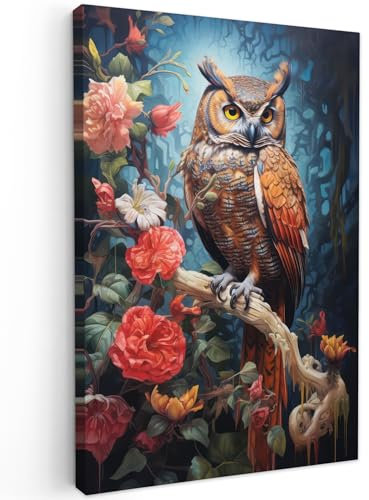 MuchoWow© Leinwand Bilder 60x90 cm Wanddeko Wohnzimmer Aesthetic Room Decor Deko Zimmer Wandbilder Modern Fotogeschenke Eule - Blumen - Vögel - Rosa