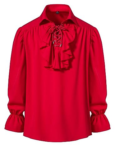 Men's Retro Renaissance Steampunk Victorian Long Sleeve Jabot Collar Medieval Pirate Lace Up Shirt Tops-Red-L