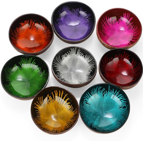 Maxcheck 8 Pieces Coconut Bowls Set Colored Polished Coconut Shell Bowls Reusable Candy Bowl Salad Container Acai Bowls for Office Home Serving Fruits Nuts Key Storage Table Decorative, 8 Colors