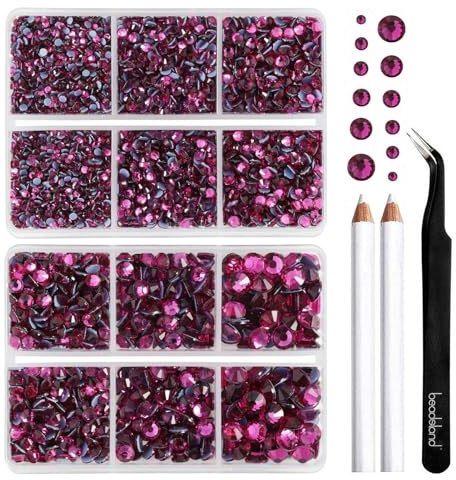 BEADSLAND Strass Hotfix,6080 Pezzi Strass Termoadesivi per Tessuti Fucsia Misto 6 Misure con Kit Matita Cera e Pinzette,SS6-SS30,Fucsia