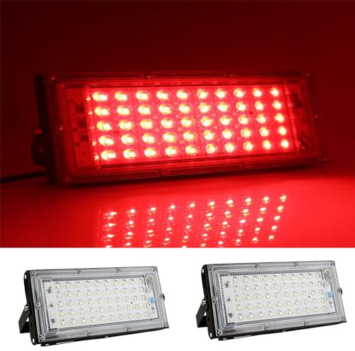 MODOAO Luces de inundación para exteriores, paquete de 2 luces LED roja de 50W 4800lm, luz exterior IP66, impermeable, para patio, jardín, garaje, césped, cancha