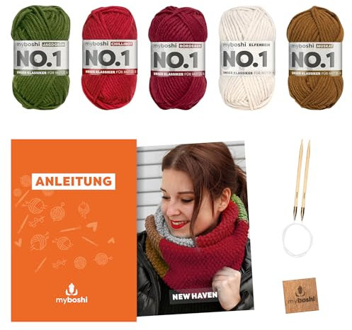 myboshi Strickset Schal New Haven, inkl. No.1 Wolle, Rundstricknadel, Anleitung und Label, Strickpaket für Anfänger, 30% Merinowolle Rot mit Rundstricknadel