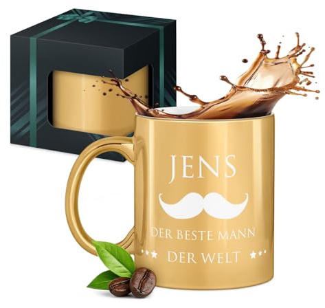 Maverton Keramik Kaffeetasse 330ml mit Gravur - Kaffeebecher mit funktionellem Henkel - personalisierter Keramikbecher für Männer zum Geburtstag zu Weihnachten - gold glänzend - Innen weiß - Mann