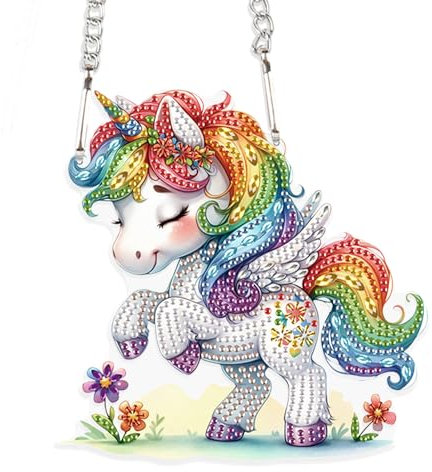 DCIDBEI Diamond Painting Wandschild Einhorn 15x15cm DIY Diamant Malerei Kranz Türkranz Wandkranz mit Kette Diamond Painting Ornamente Diamant Painting Anhänger Pendant Plakette Haustürschild