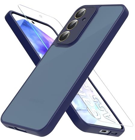 MIKULLE Mat Coque pour Samsung Galaxy A55 5G avec 1 Verre trempé Protection, Antichoc Housse Case de PC Translucide Arrière avec Silicone TPU Bumper et Caméra Protecteur Etui - Bleu