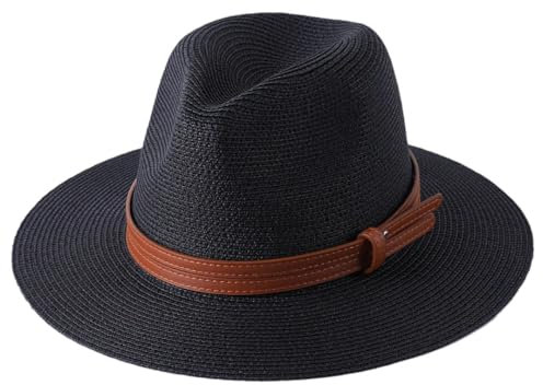 Grande taille Panama Chapeau de paille Hommes Femmes Large Bord Plage Fedora Chapeau de soleil Jazz Cap Noir 56-58cm, Noir , M