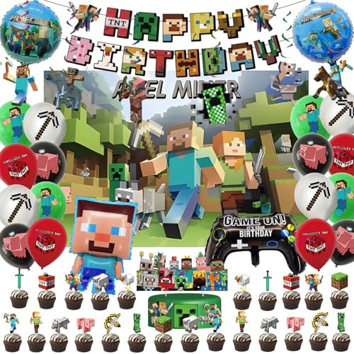 Gamer Geburtstags dekorationen Set, 53 Stück Kinder Geburtstag Party Set, Enthält banner, Hintergrundtuch, latexballons, Folienballons, Tortendekoration, Hängende wirbeldekorationen