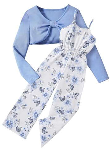 Asbabiy 2-teiliges Outfit für Mädchen, langärmelig, bauchfreies Top und blaue Rosen-Druck, Hose mit weitem Bein, Overall-Set, 7–13 Jahre