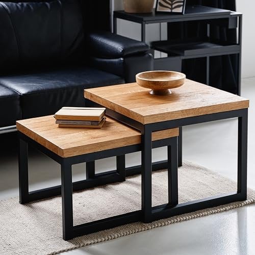 Raw Furniture Designs Couchtisch Massivholz - Set 2er Handgefertigt Couchtischen - Kleiner Quadratisch Tisch - Wohnzimmertisch - Coffee Table (Helle Holz, Schwarz, Horizontal Tischplatte)