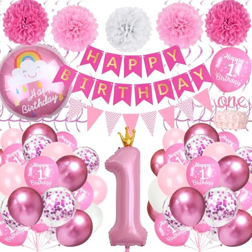 1st Birthday Decorations for Girls, Pink First Party Decorations Set with Pink Number 1 Foil Balloon, Happy Birthday Banner, Paper Pompoms for Girls 1 Year Party Supplies Baby Shower