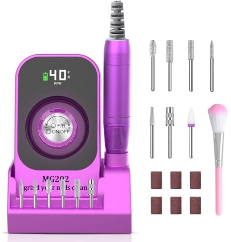 Nail Drill Machine 40000RPM, Electric Nail File for Acrylic and Gel Nails, Rechargeable Portable E-File with Adjustable Speed, LCD Display-Professional Manicure Tool for Home DIY Salon Use (Violet)