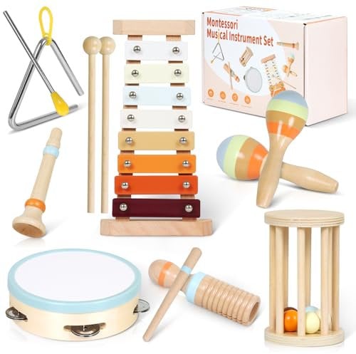 Musikinstrumente Kinderspielzeug, Montessori-Spielzeug, Holzspielzeug für Kleinkinder, Musikaufklärungs-Schlagzeugset mit Maracas Tamburin Xylophon, Sensorisches Spielzeug Geschenk für 3 4 5 6 Jungen