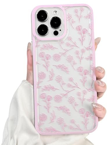 NITITOP Compatible with iPhone 13 Pro Case Cute Clear Pink Durable Flower Floral Leave for Girls Women Soft TPU Transparent Colourful Frame Full Camera Lens Shockproof Protective Cover - Pink