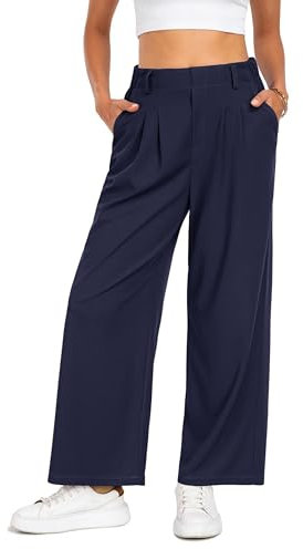 Timuspo Marlenehose Damen Elegant Hohe Taille Elastischer Bund Stoffhose Lässig Palazzo Hose Frühling und Sommer Bequeme Hose Marineblau L