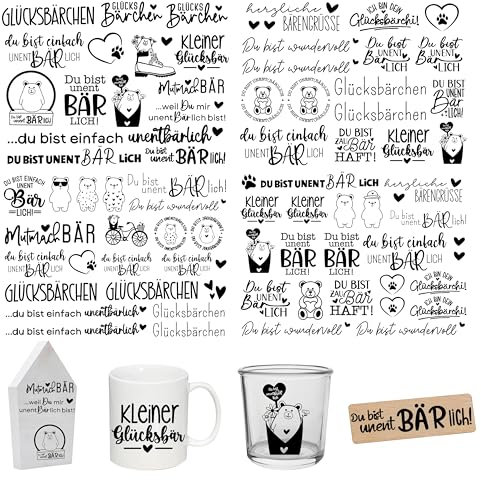 FloraVigo Rub On Sticker ca.A5 19x14cm-Spruch Deko zum Geburtstag, Keraflott, Hochzeit, Zuhause, Wischfolie für Möbel, Glas, Holz, Fotoalbum, DIY Deko, Aufkleberästhetik(4PCS) (unentBÄRlich)