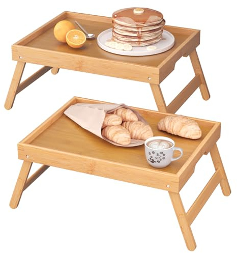 Fibogollo 2 Pack Bamboo Bed Tray Table with Folding Legs,Breakfast Trays,Serving Tray for Food and Snack,Laptop Trays for Working(Natural)