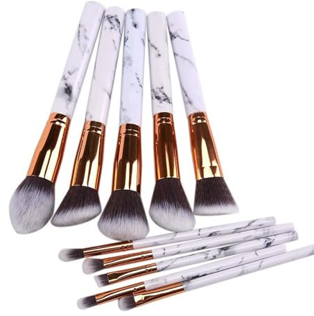 Lot de 10 pinceaux de maquillage en marbre - 5 grands pinceaux de maquillage - 5 petits pinceaux de maquillage en poudre - Pinceaux de maquillage portables de voyage (blanc + marbre)