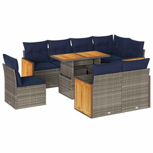 vidaXL 9 Piece Garden Sofa Set with Cushions Grey Poly Rattan Acacia, outdoor sofa set, garden lounge set