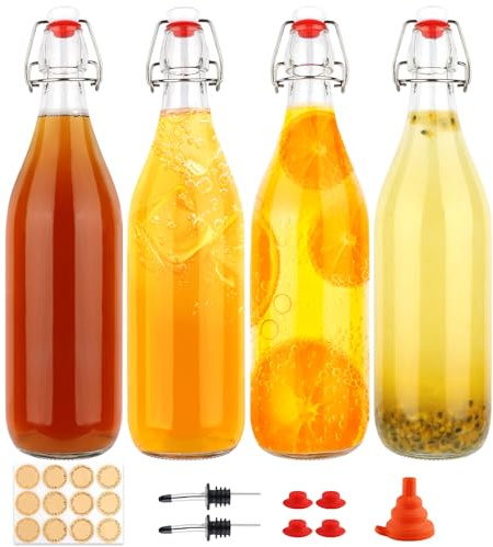 HWASHIN Bottiglie di vetro da 1 litro, con tappo ermetico, confezione da 4 bottiglie da 935,5 g con tappo ermetico, per birra, kefir, bevande fatte in casa