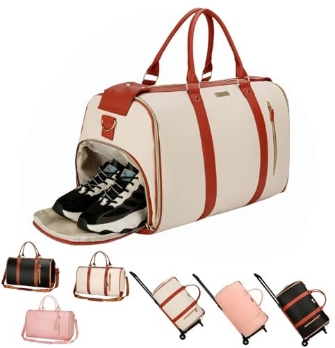 Jenni Bag Reisetasche mit Rollen, Kleidersäcke für Reisen, stilvolle Handgepäcktasche mit Kulturbeutel, Schultergurt und Schuhfach, 2-in-1 faltbare Reisetasche aus PU-Leder, weiß, Basic