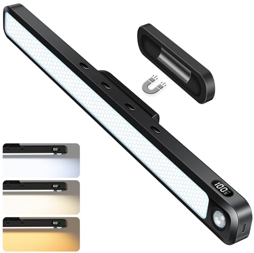 Ferswe 3W Wardrobe Lights Motion Sensor, Rechargeable Under Cabinet Kitchen Lights with Battery Display, 2000mAh Cupboard Lights Stick On Adjustable 3 Colors, LED Light Bar for Kitchen and Mirror