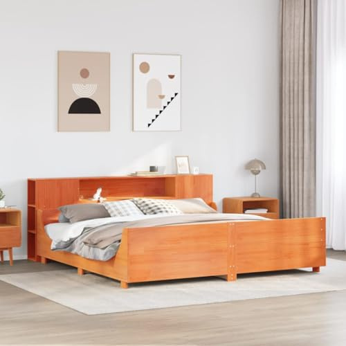 Teenpull Massivholzbett aus Kiefernholz, wachsbraun, 180x200 cm, mit integrierten Ablagen, Kopfteil und Lattenrost – Robustes Bettgestell für Schlafzimmer und erholsamen Schlaf.