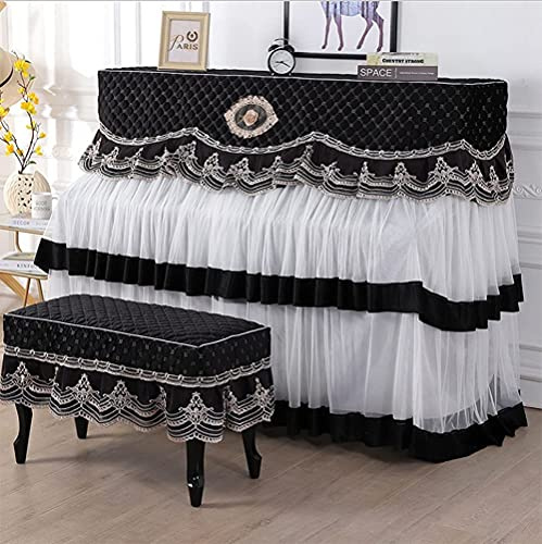 Vollständige Klavierabdeckung, Klavierabdeckung Stoff Spitze All-Inclusive Upright Modern Piano Mid-Point Staubschutzhülle(Black,(two seat type))
