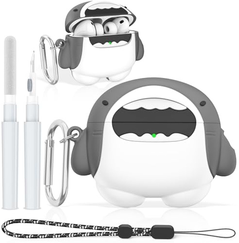 Funny Cover für AirPods Pro 3 Hülle, niedlich (2025), weiches Silikon, stoßfest, 3D-Cartoon-Hülle für AirPods Pro 3. Generation, niedliche Airpod Pro 3 Hülle mit Karabiner und Reinigungsset (Hai)