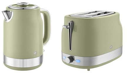 Swan Retro Kitchen Set, 1.7L Rapid Boil Kettle with Removable Limescale Filter and 930W 2-Slice Toaster with 6 Browning Levels, Green, SK19025GRN & ST19028GRN