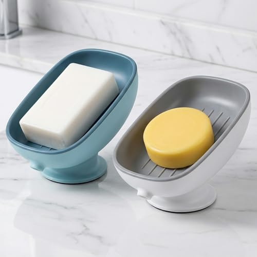 Hulvyzu 2 PCS Porte-Savon de Douche, Porte-Savon avec Ventouse Porte-savOns Salle de Bain Support Savon Douche Plastique PortESAVon en Forme de Feuille pour Baignoire, Cuisine (Bleu et Gris)